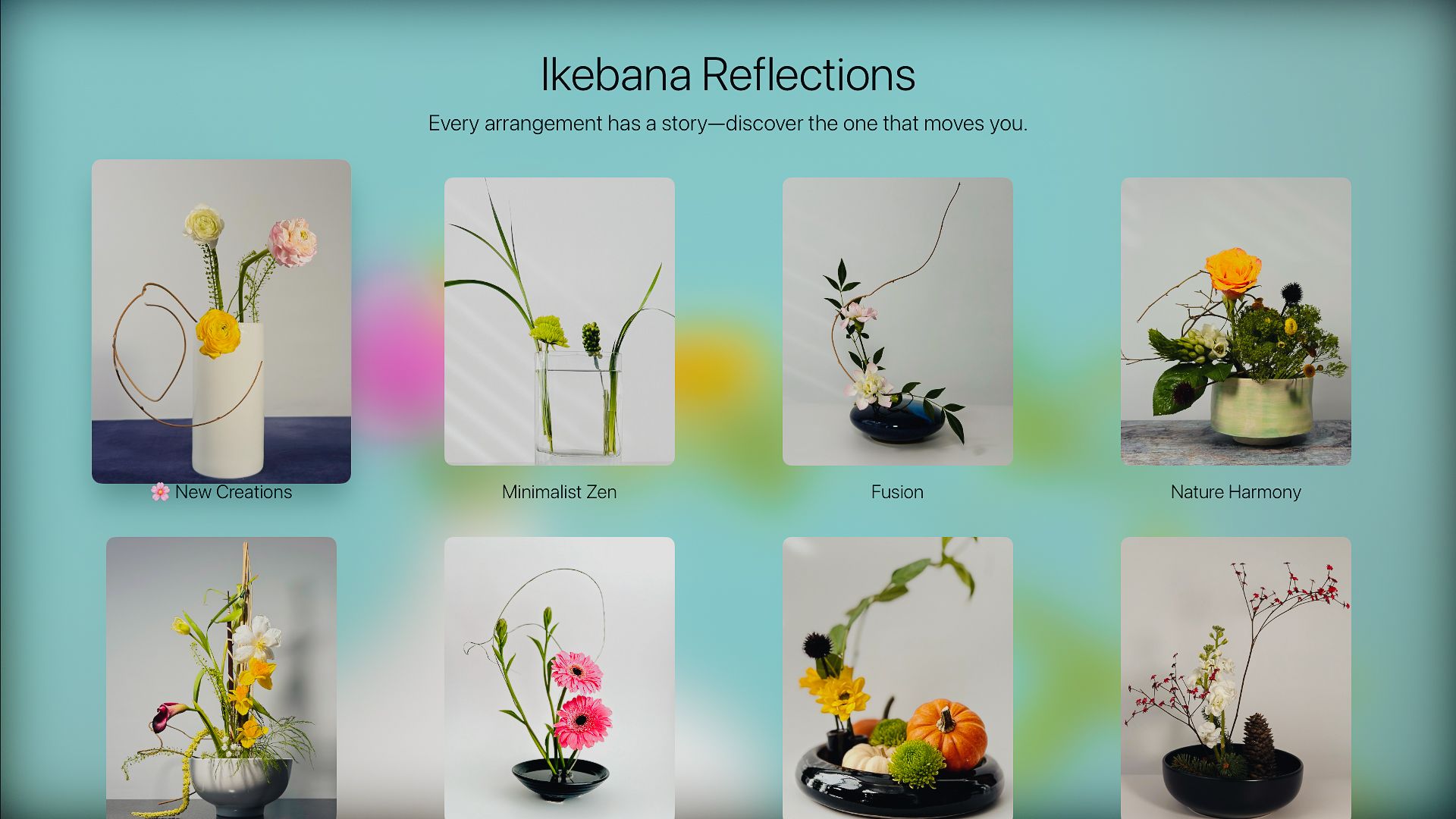Discover Ikebana Reflections Apple TV app, a beautifully immersive app designed to bring calm, color, and artistry into your home through Japanese flower arranging.