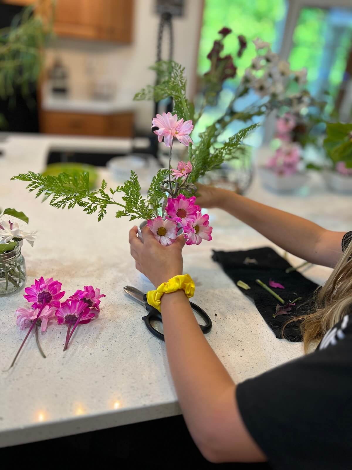 Ikebana flower arrangement workshop setup