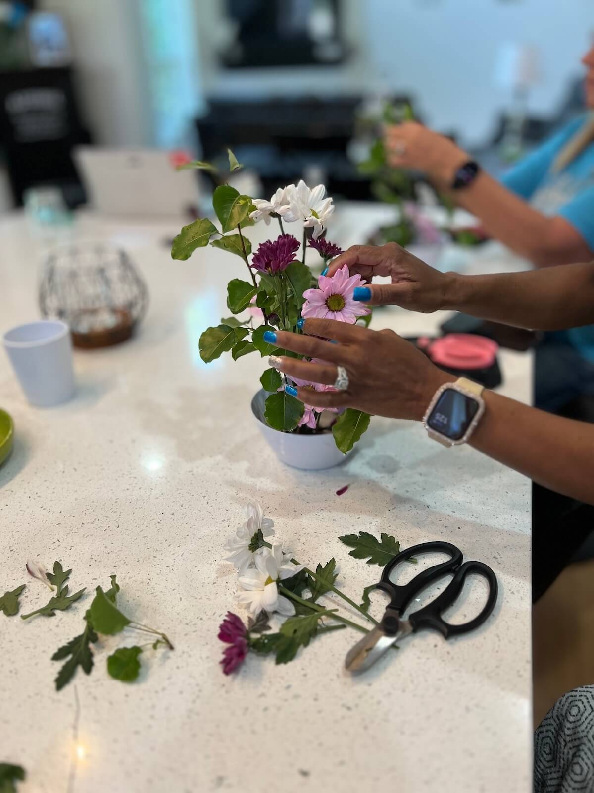 Ikebana flower arrangement workshop setup