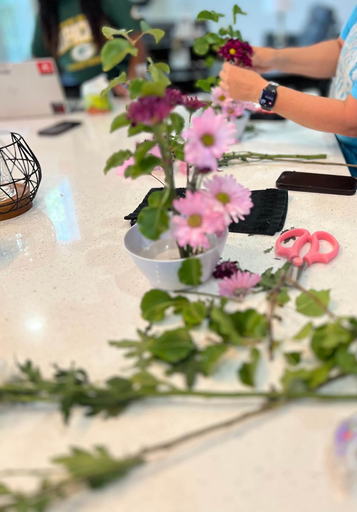 Ikebana flower arrangement workshop setup