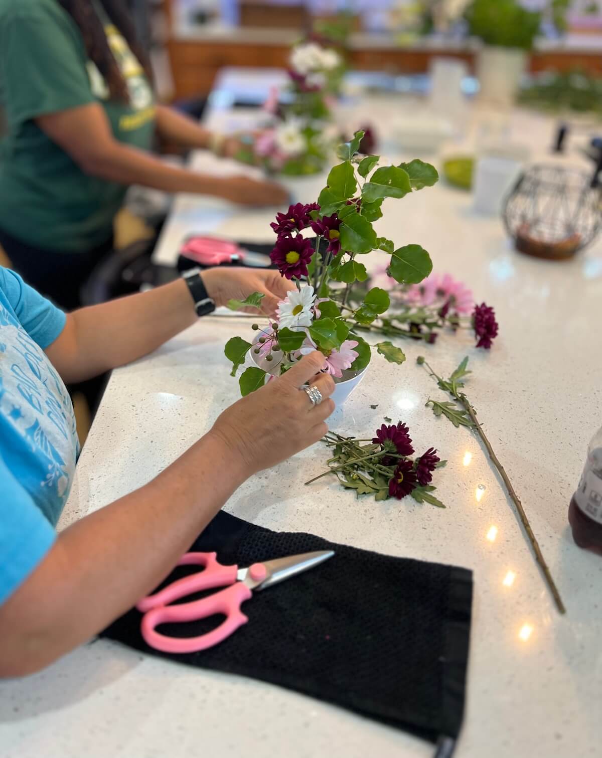 Ikebana flower arrangement workshop setup