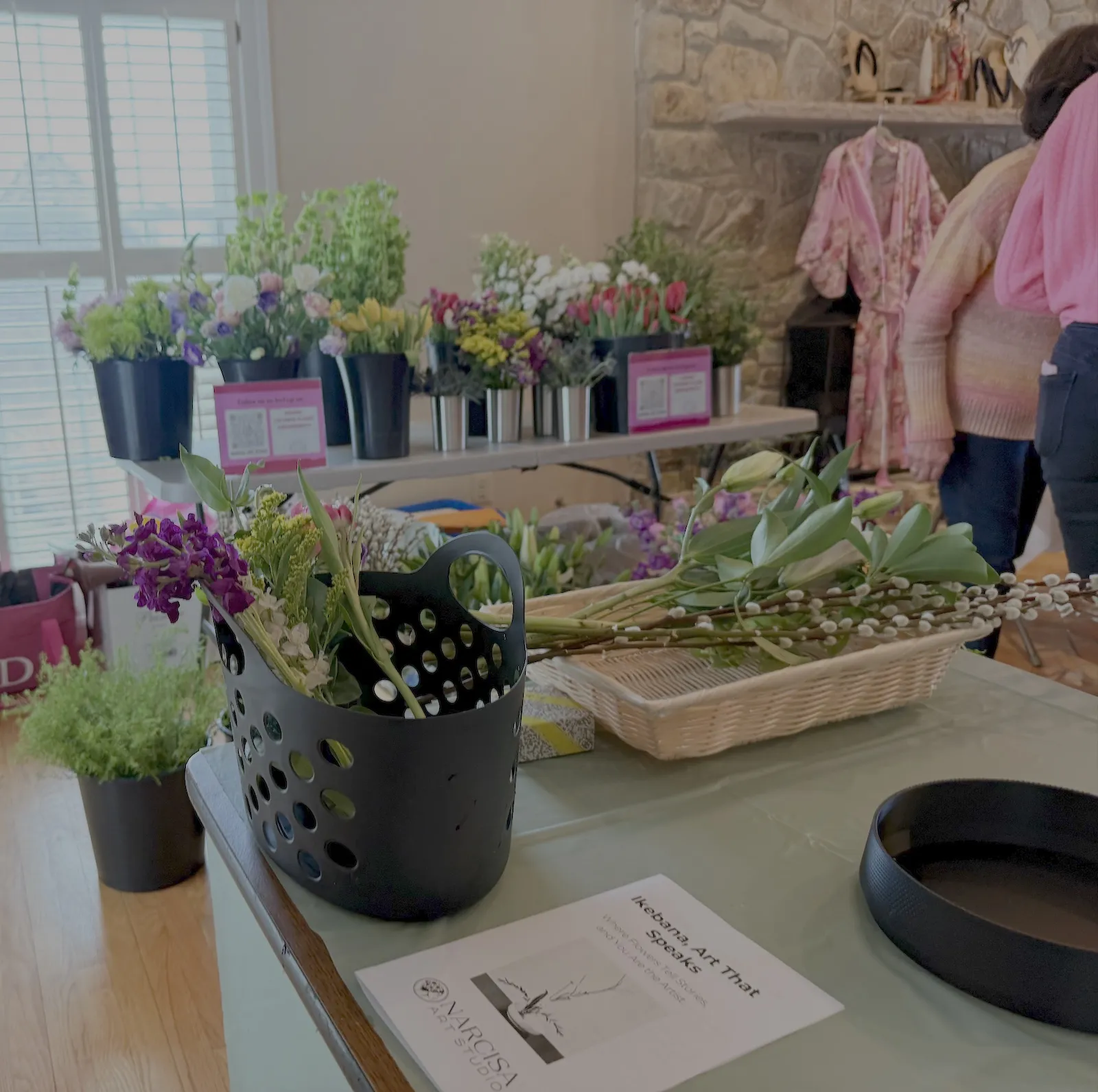 Fresh seasonal flowers and materials prepared for the Woodlea Garden Club Ikebana workshop in Leesburg, VA